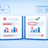 Сравнение двух PDF-документов с выделением различий красными пометками и стрелками.