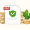Щит с галочкой на PDF-файле, лежащем на стопке старых бумаг, рядом зелёный кактус.