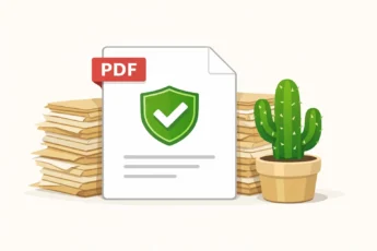 Щит с галочкой на PDF-файле, лежащем на стопке старых бумаг, рядом зелёный кактус.